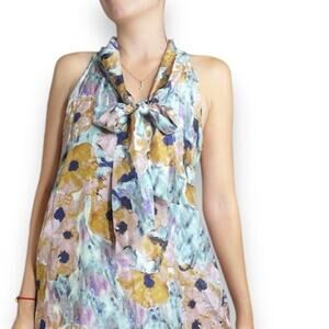 Theory blouse 100% silk watercolor floral sleeveless tie neck sash fairy small